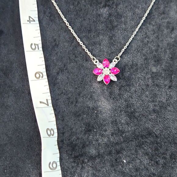 Dainty Pink & Clear Crystal Flower Necklace - Picture 3 of 3
